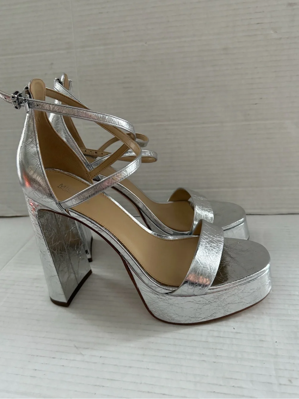 $145 Michael Kors Cami High Heel Platform Sandals Shoes silver size 9